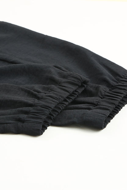 Black Solid Color Drawstring Smocked Waist Joggers