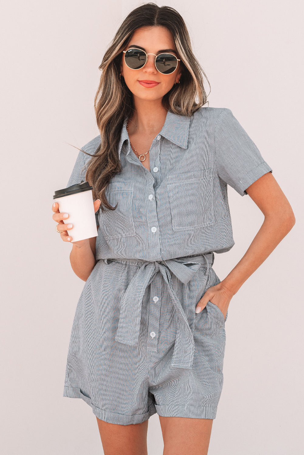 Yacht Club Pinstriped Buttoned Belted Romper