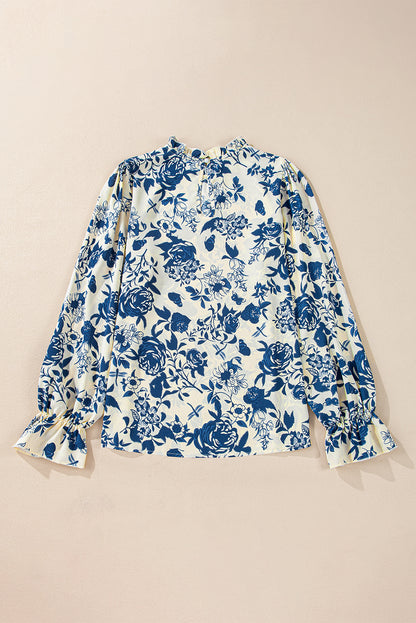 Floral Print Flounce Sleeve Keyhole Back Blouse