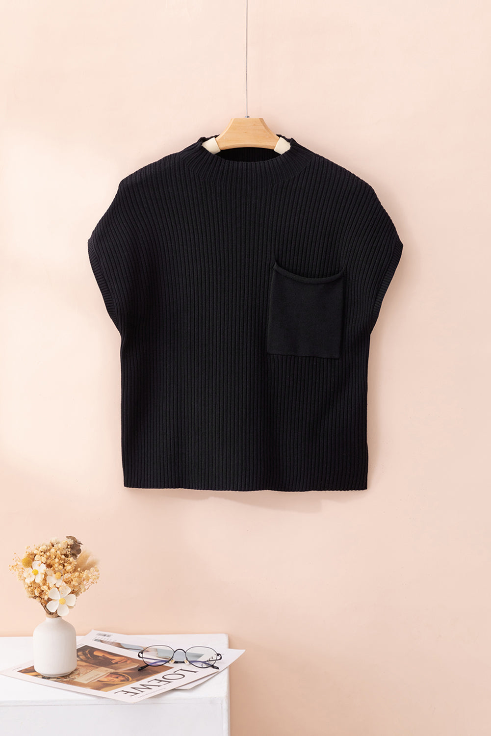 Front Patch Pocket Ribbed Knit Short Sleeve Sweater