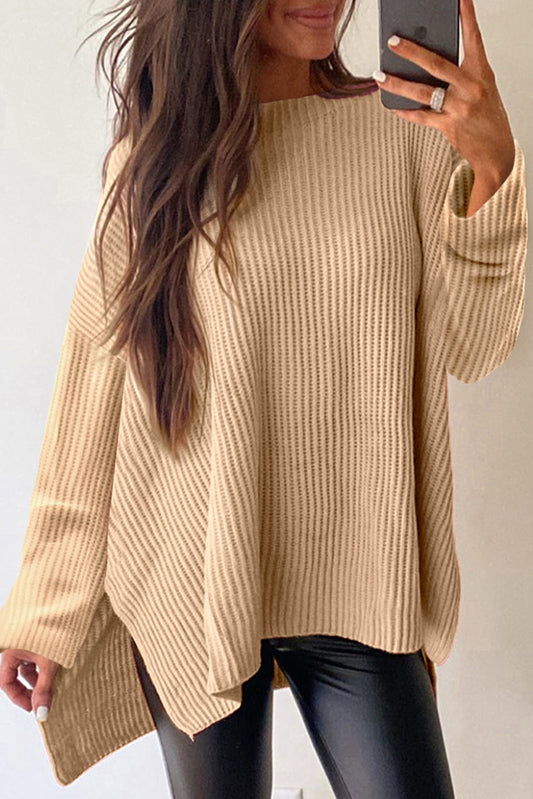 Apricot Drop Shoulder Side Slits Loose Sweater