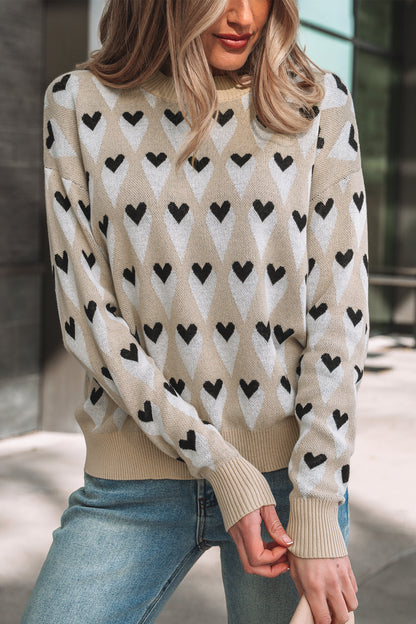 Geo Heart Pattern Ribbed Sweater