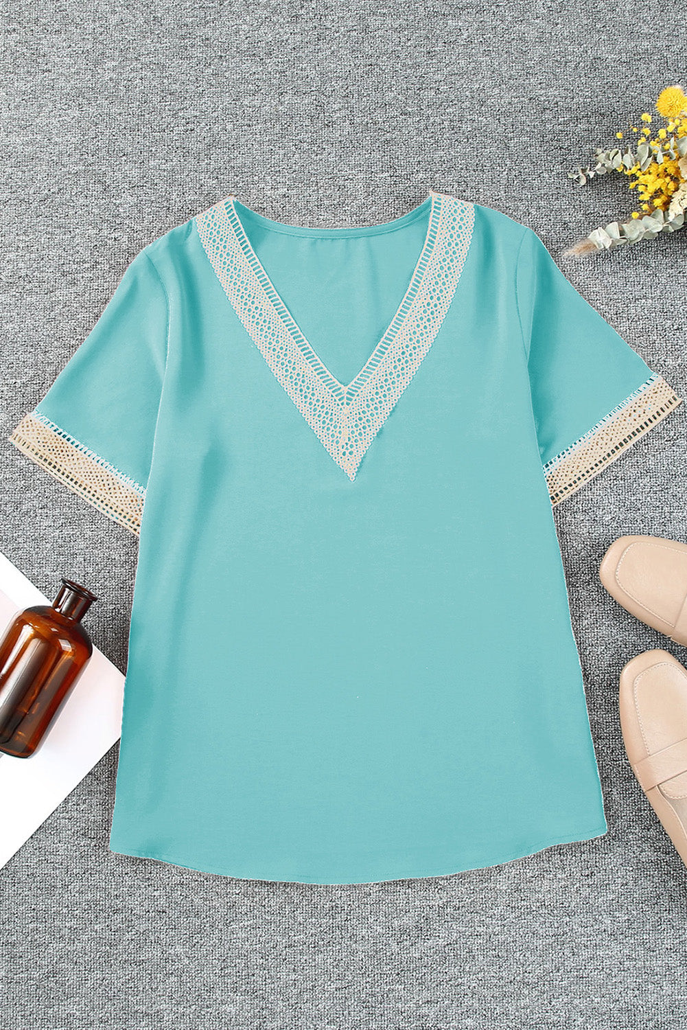 Shauna Lace Trim V Neck Short Sleeve Blouse