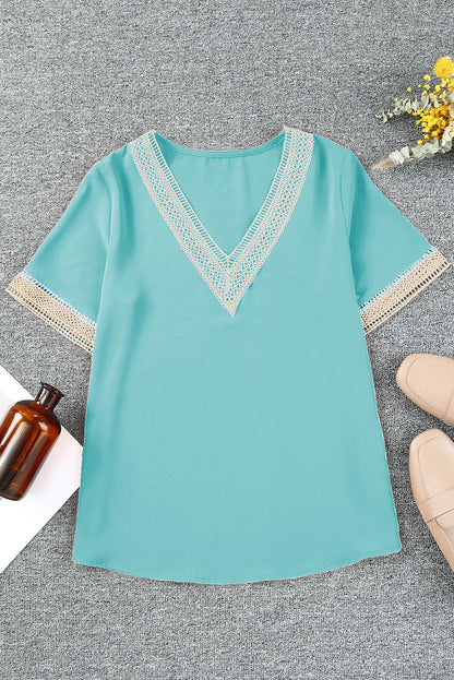 Shauna Lace Trim V Neck Short Sleeve Blouse
