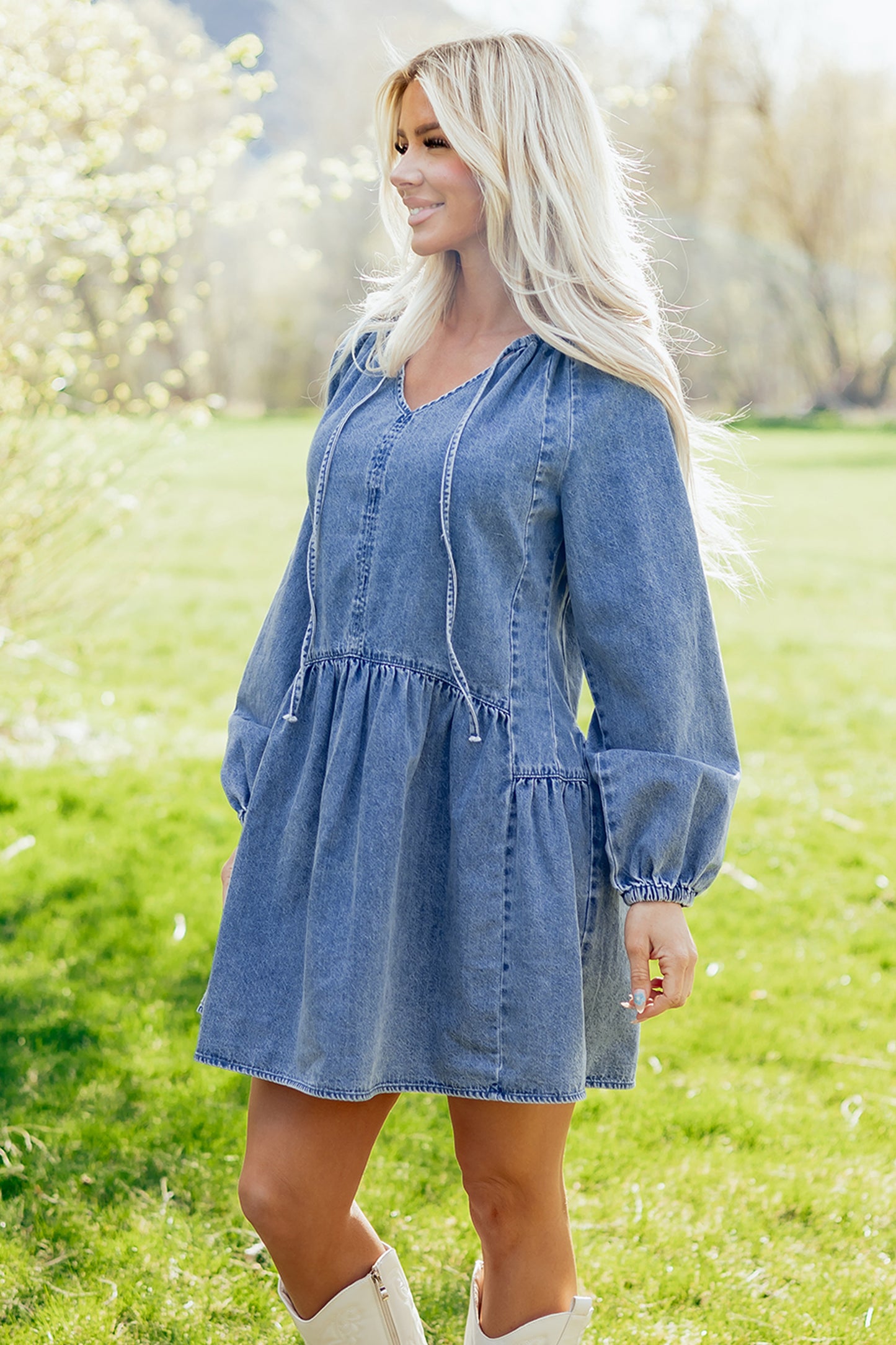 Andrea Front Tie Denim Long Sleeve Dress