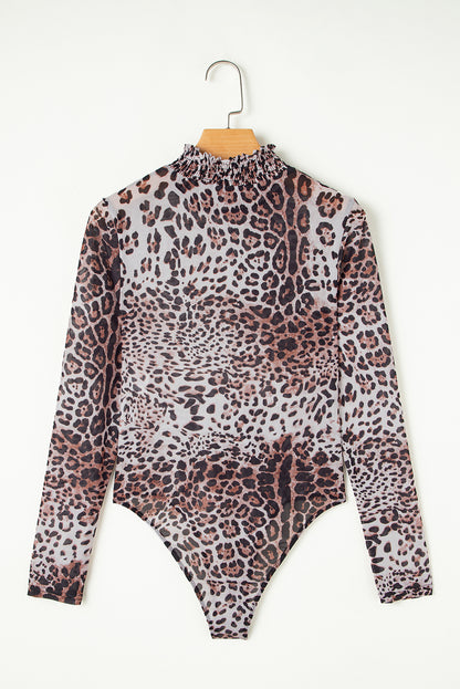 Brown Allover Leopard Print Smocked Neck Mesh Bodysuit