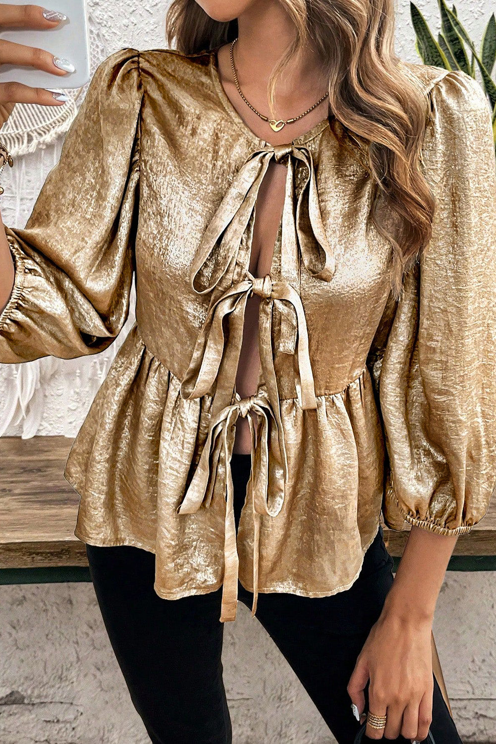 Golden Metallic Ribbon Front Baby Doll Blouse