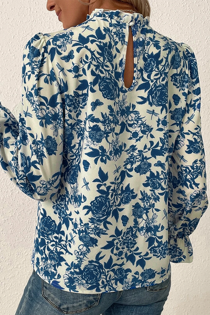 Floral Print Flounce Sleeve Keyhole Back Blouse