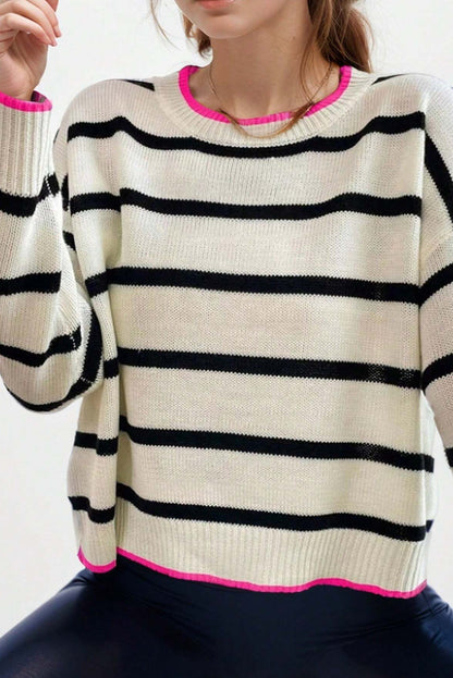 Roni Striped Contrast Trim Drop Shoulder Sweater