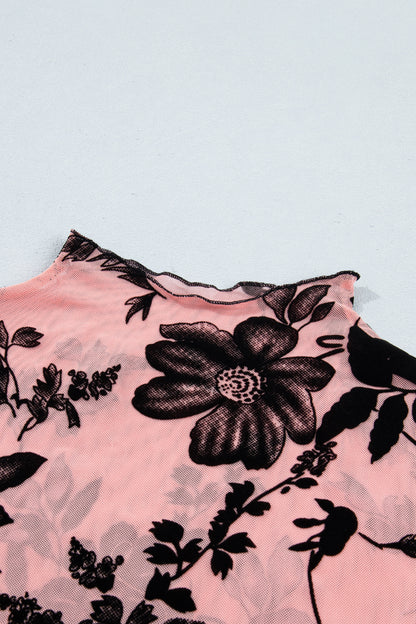 Vintage Floral Velour Accent Mesh Blouse