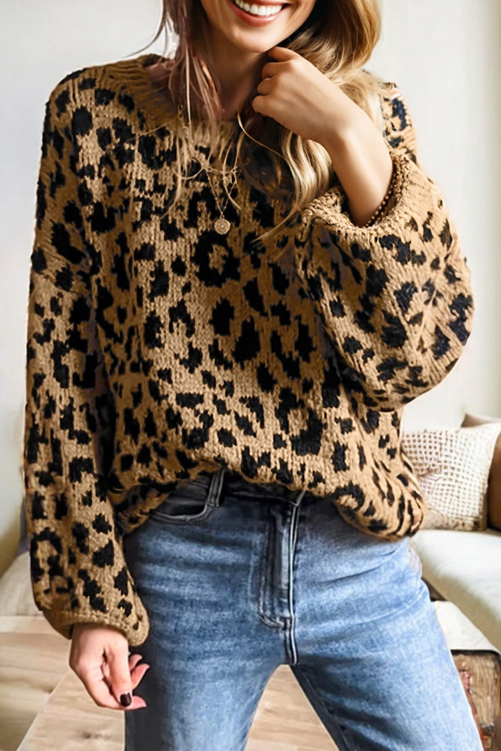 Leopard Slouchy Drop Shoulder Sweater