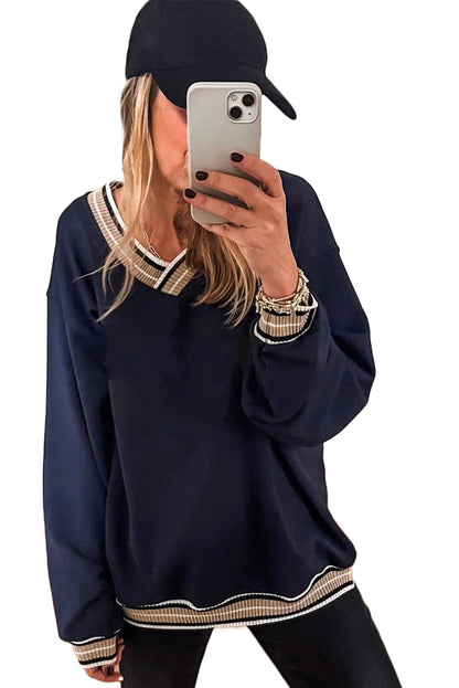 Kristen Varsity Contrast Trim V Neck Pullover