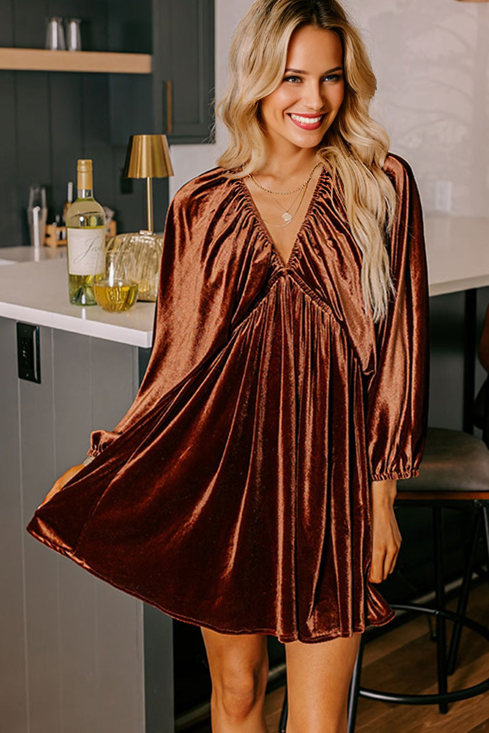 Miranda Velvet V Neck Long Sleeve Dress