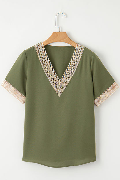 Shauna Lace Trim V Neck Short Sleeve Blouse