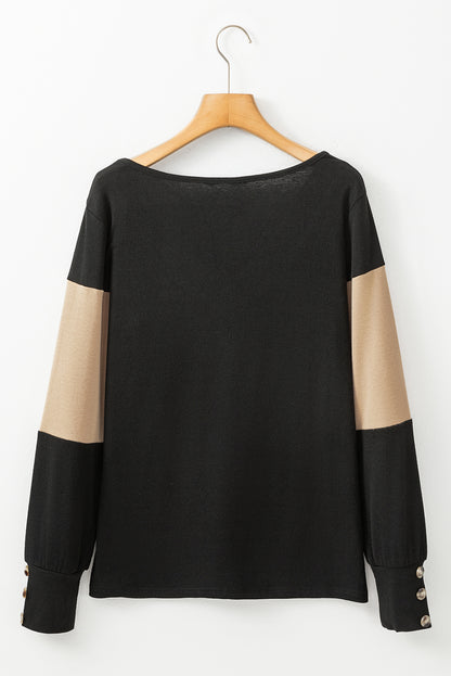 Parchment Colorblock Button Cuff Long Sleeve V Neck Top