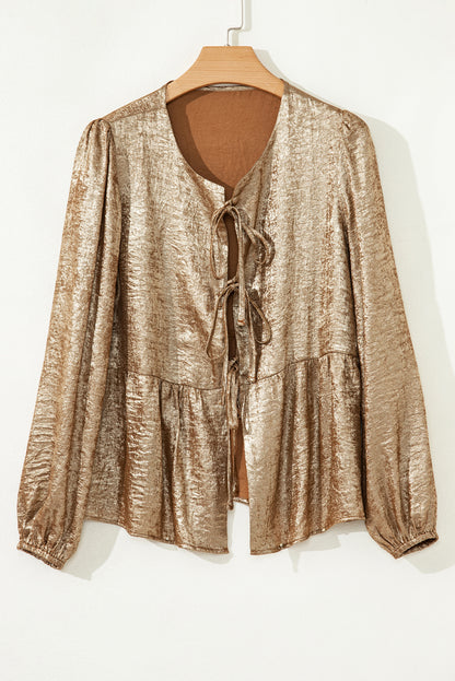 Golden Metallic Ribbon Front Baby Doll Blouse