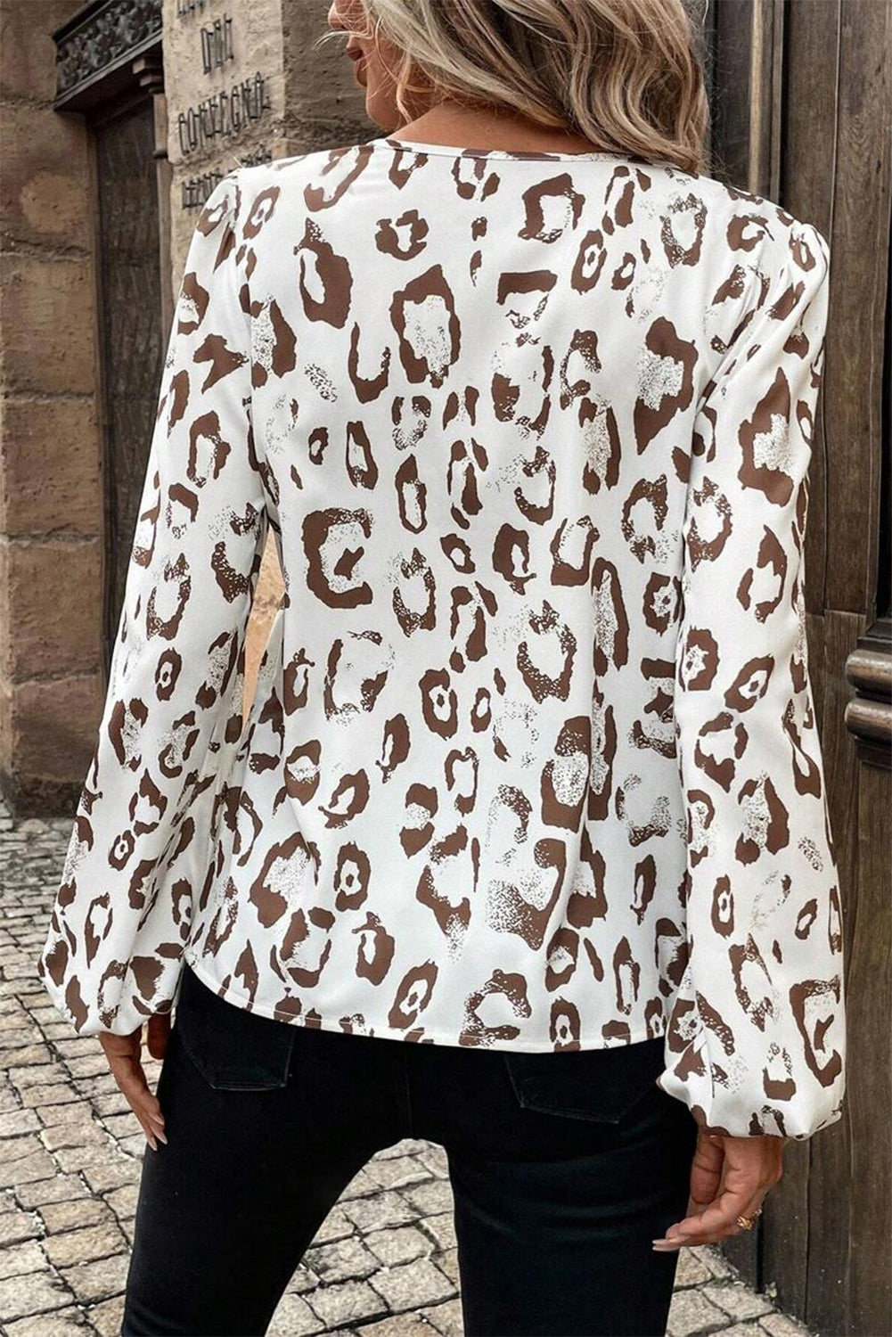 Brown Leopard Print Notched Balloon Sleeve Blouse