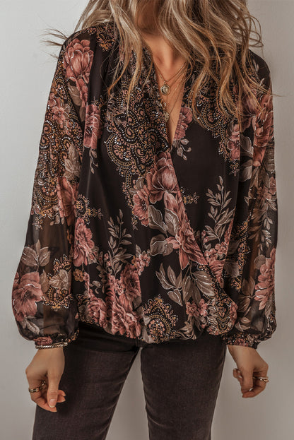 Glitter Accent Floral Surplice Blouse