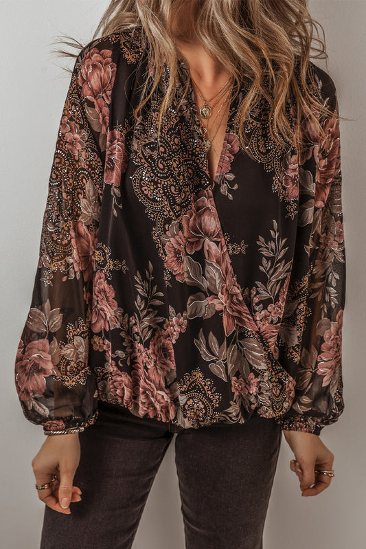 Glitter Accent Floral Surplice Blouse
