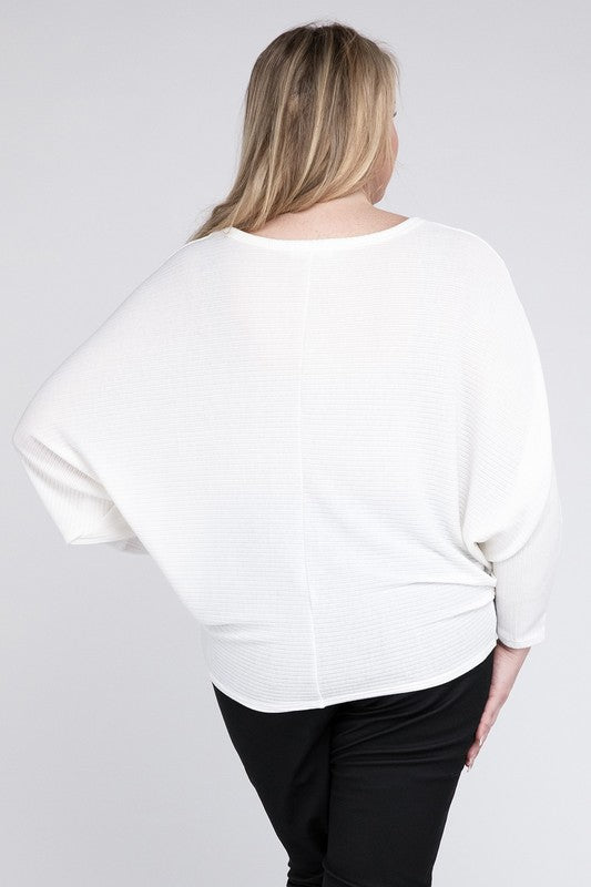 Curvy Ribbed Batwing Long Sleeve Boat Neck Sweater